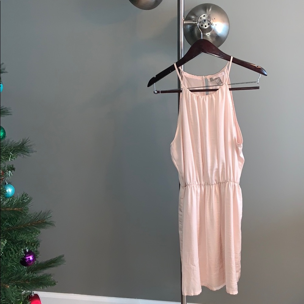 Blush pink silky, flowy dress with cinched waist